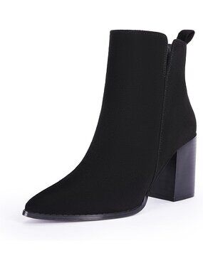 Women's Cool Black V Cutout Pointed Toe Block Chunky Heel Side Zipper Ankle Boot
